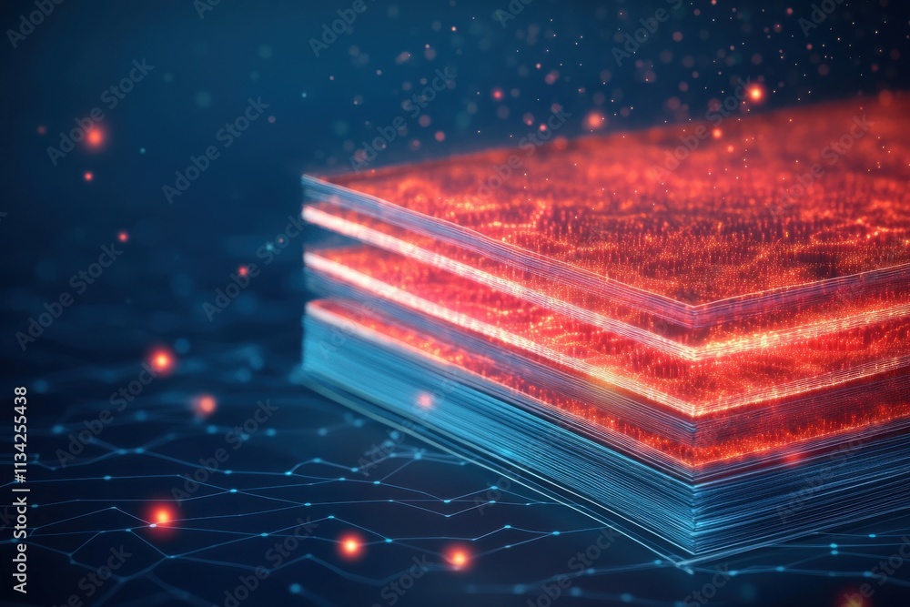 Poster abstract digital representation of layered materials glowing with vibrant colors and interconnected 