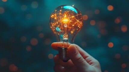 Hand holding a light bulb with a digital network
