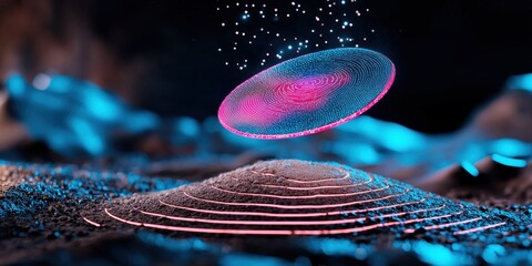 A glowing, holographic disc hovers above a textured surface, surrounded by sparkling particles, creating a futuristic and surreal atmosphere.