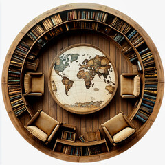 "Circular Library with Bookshelves, Chairs, and World Illustration"
