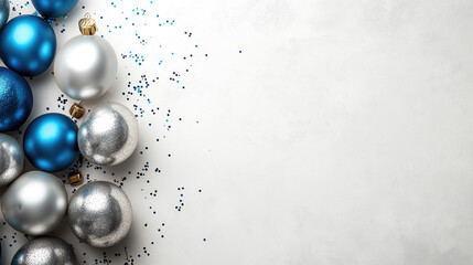 White bg with blue/silver balloons, fireworks on left, spacious white area for text. Top-down, high-res, pro color grade, soft shadows, low contrast, sharp focus, film grain