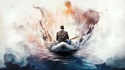 Obraz premium Solitary Businessman in a Gray Raft: An Intense Reflection on Isolation and Ambition – Perfect for a Sports Interior Poster, Evoking Mood and Depth in Any Space.