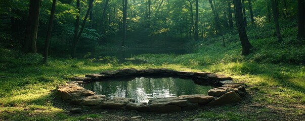 A serene forest scene featuring a circular stone pool surrounded by lush greenery.