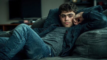 Fototapeta premium Relaxed Young Man Posing on Couch in Comfortable Living Room