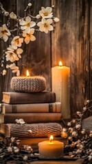 Cozy Autumn Still Life with Candles, Books, and Blossoms in Warm Harmony
