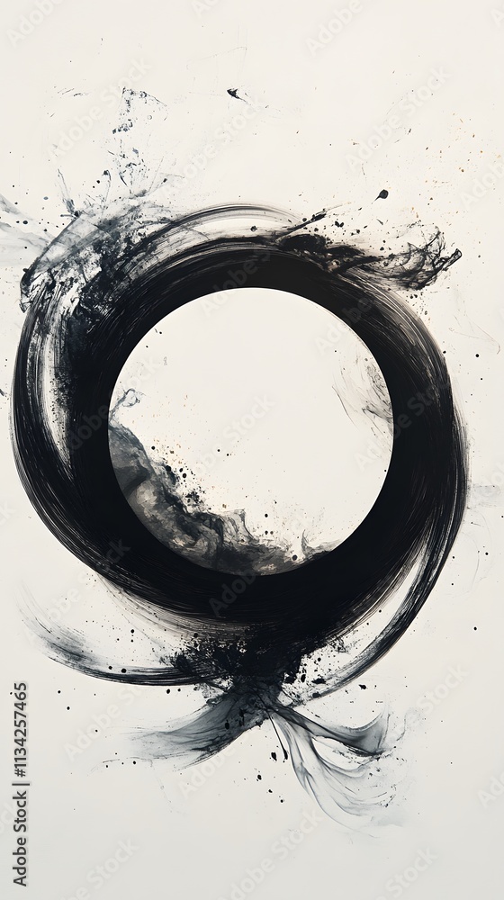 Poster abstract black and white circular design with splashes, evoking fluidity and movement.