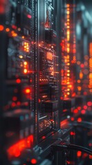 Futuristic Data Center with Glowing Red and Blue Lights Showcasing Advanced Technology