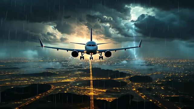 the plane flies over the city in a thunderstorm. selective focus