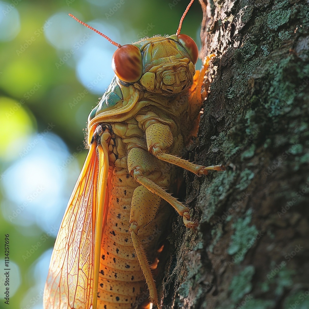 Poster a close-up of a vibrant cicada resting on a tree trunk.