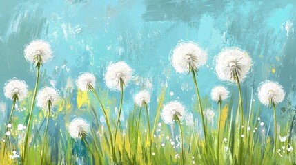Whimsical Dandelions in a Vibrant Abstract Field with Blue Sky