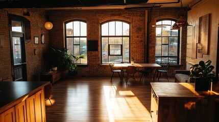 Fototapeta premium Sunlight streams into a spacious, industrial-style loft, featuring exposed brick walls, large arched windows, a wooden dining table, and a modern kitchen.