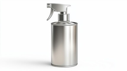Silver metallic spray can with mist sprayer, shown in a side tilted position.