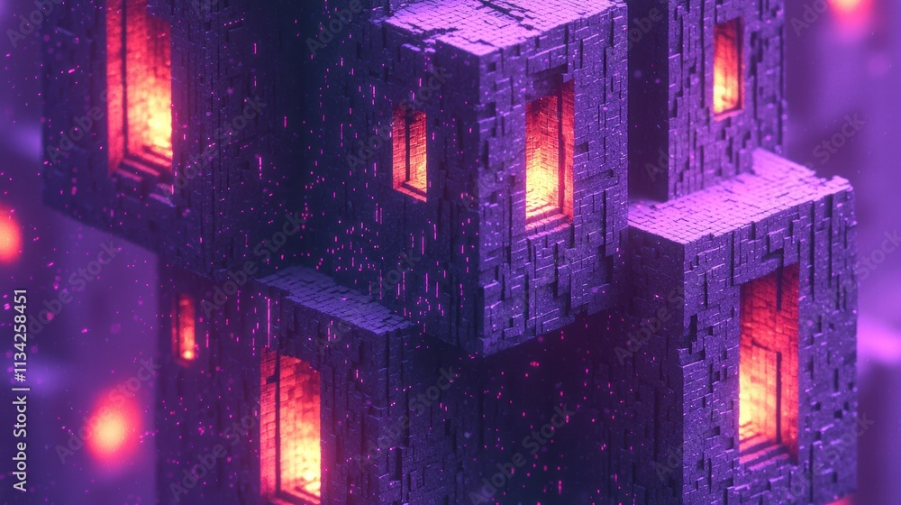 Poster abstract digital art of colorful cube structures with glowing windows