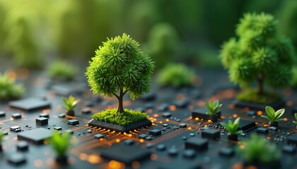 Eco friendly tech solution for better future. Small green trees grow on circuit board. Sustainable power, environmental protection. Innovative tech merges nature. Green energy solutions. Modern tech,