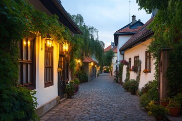 Fototapeta premium A serene old town with cobblestone streets and vintage lanterns lit at dusk