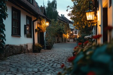 A serene old town with cobblestone streets and vintage lanterns lit at dusk