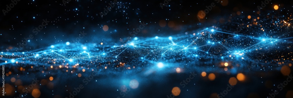 Aufkleber a digital representation of a cosmic network with glowing particles and interconnected lines.