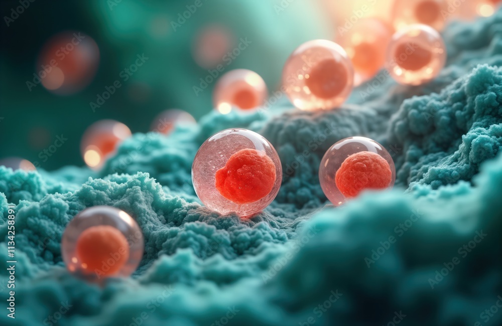 Poster illustration shows fat cell lifecycle. dynamic process from formation to apoptosis. cells displayed 