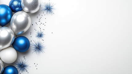 White bg with blue/silver balloons, fireworks on left, spacious white area for text. Top-down, high-res, pro color grade, soft shadows, low contrast, sharp focus, film grain