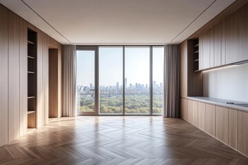 Obraz premium A large open room with a window overlooking a city