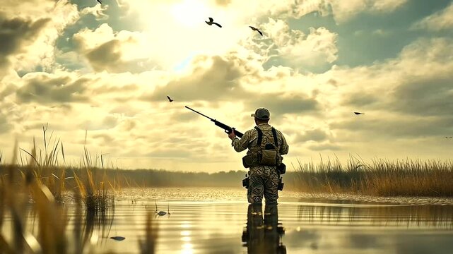 Hunter in Oversized Camouflage Gear in Marsh Scene with Ducks