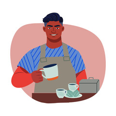 A flat illustration of a coffee maker character 

