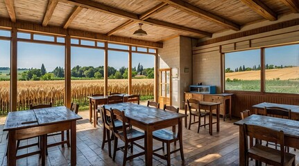 Charming classroom at school showcases wooden architecture and views of golden fields under a clear sky in the tranquil countryside