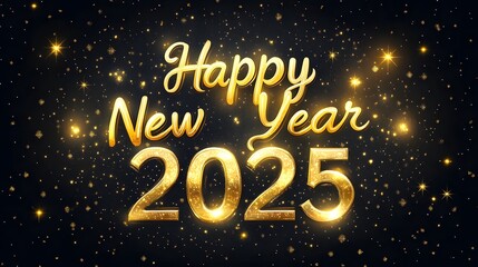 Glittering gold "Happy New Year 2025" on dark background.