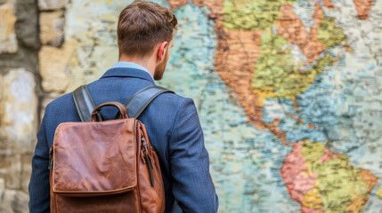 Obraz premium Young Man with Backpack Gazing at Vintage World Map on Wall