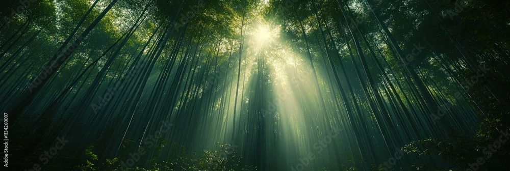 Poster sunlight filters through a dense forest, creating a serene and tranquil atmosphere.