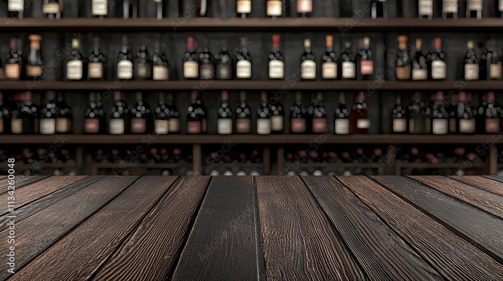 Poster rustic wooden table with wine bottles in background display