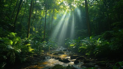 Obraz premium A serene forest scene with sunlight streaming through trees, illuminating a peaceful stream.
