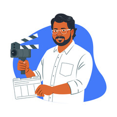 A flat illustration of film director holding a camera 
