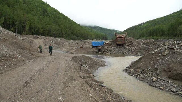 August 24, 2020 - Amur Region, Russia - Environmental disaster. An environmental prosecutor looks at violations in gold mining.