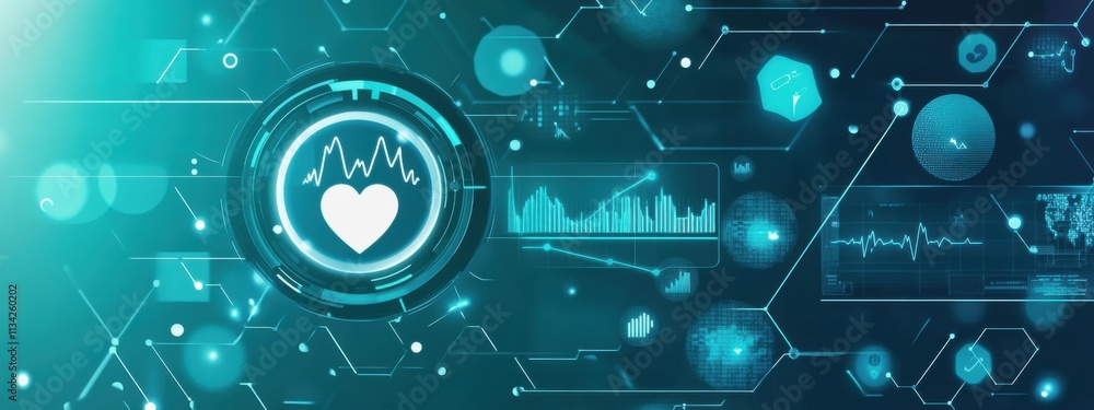 Poster futuristic health monitoring system with heartbeat graphs and data analytics visualization in a digi