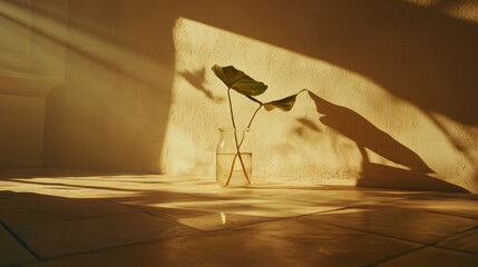 Minimalistic Still Life with Leaf and Glass Vase in Soft Light