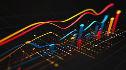 Abstract black background with Colorful charts and graphs with statistics to innovative analyze business potential and forecast future development of companies growth.