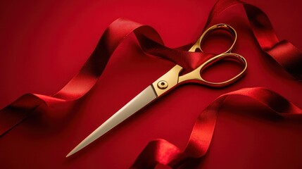 Gold scissors cutting red ribbon.