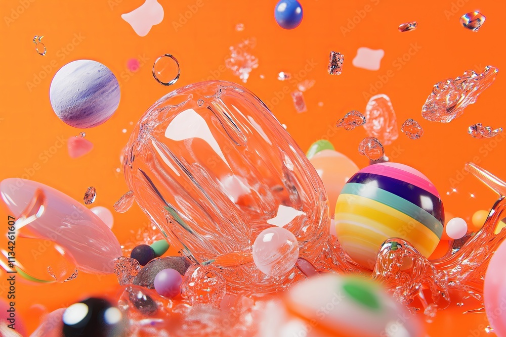 Poster a surreal image of planets and asteroids floating in a radiant orange cosmos