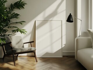 A white framed picture sits on a wooden floor in a room