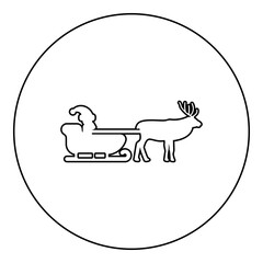 Santa Claus in a reindeer wagon chariot with sled icon in circle round black color vector illustration image outline contour line thin style