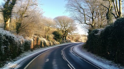Fototapeta premium Winter road winding through frosted trees and landscape.