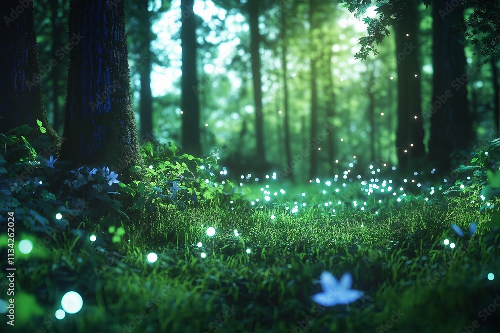 Poster a tranquil forest clearing filled with glowing fireflies at twilight