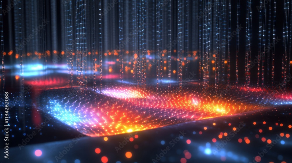 Poster futuristic abstract background featuring vibrant colorful lights, digital particles, and glowing eff