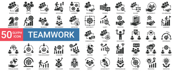 Teamwork icon collection set. Containing business, team, experts, focus, motivation, feedback, responsibility, transparency, collaboration, strategy icon. Simple vector