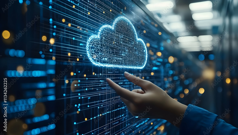 Poster a hand interacts with a digital cloud symbol amidst a network of data connections.