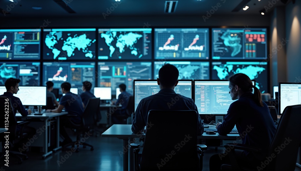 Poster Tech team works in modern cybersecurity operations center. Many people work on computers. Large screens display data. Seems to night. Coordinating incident response. High-tech office environment.