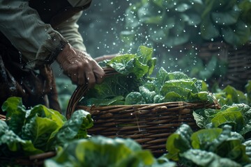 Obraz premium Freshly harvested lettuce in a rustic basket, glistening with droplets of water.