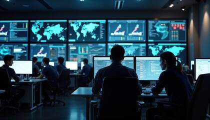Tech team works in modern cybersecurity operations center. Many people work on computers. Large screens display data. Seems to night. Coordinating incident response. High-tech office environment.
