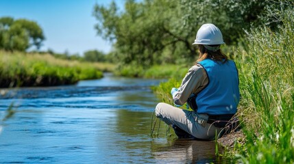 Environmental scientist observing river water quality.